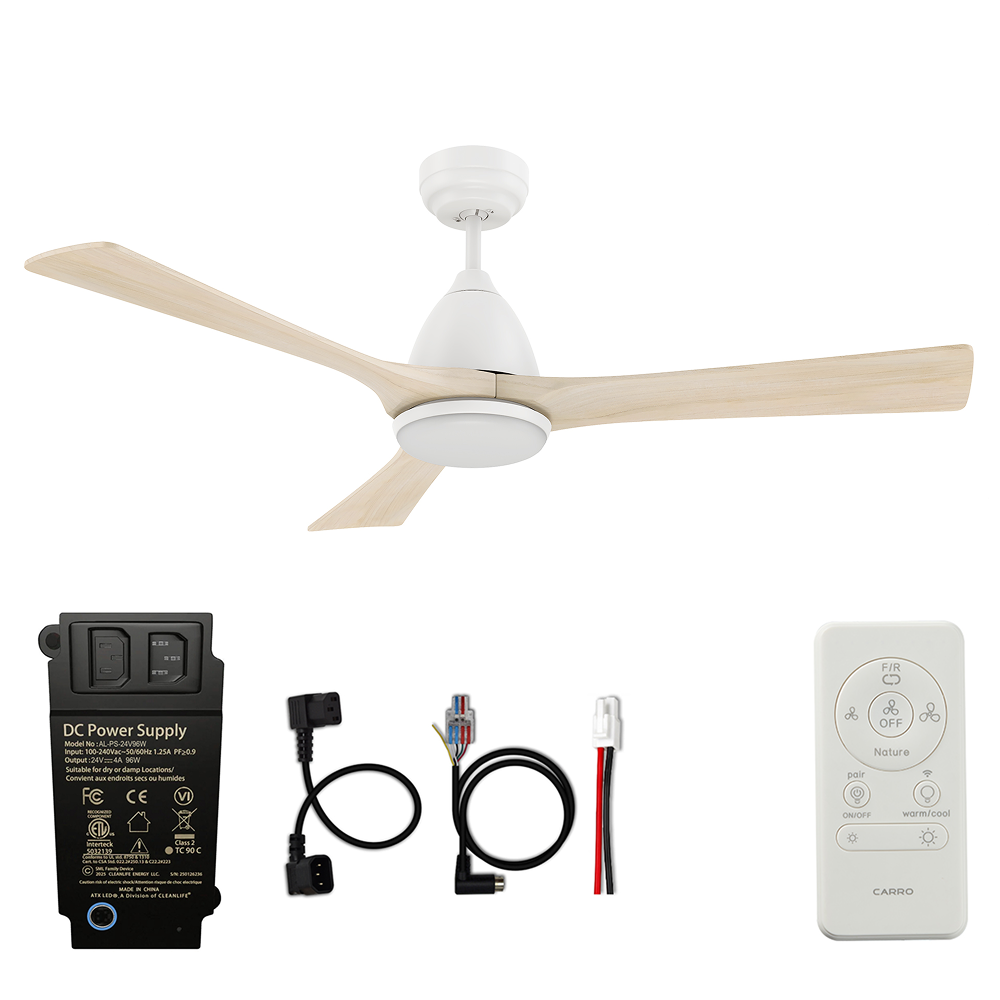 CARRO® NICOLET 24VDC 3-Blade Smart Ceiling Fan with LED Light Kit & Remote – Matte White / White Oak