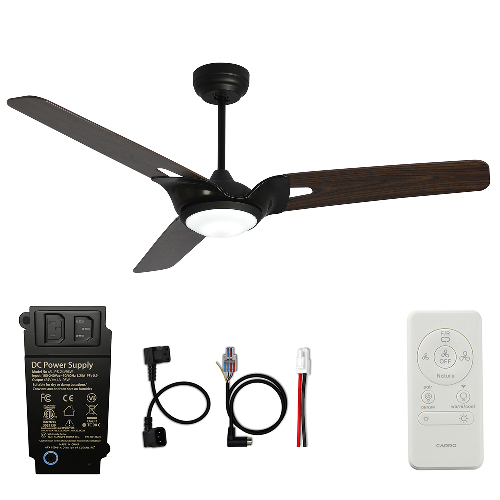 CARRO® HOFFEN 24VDC 3-Blade Smart Ceiling Fan with LED Light Kit & Remote – Matte Black / Dark Walnut