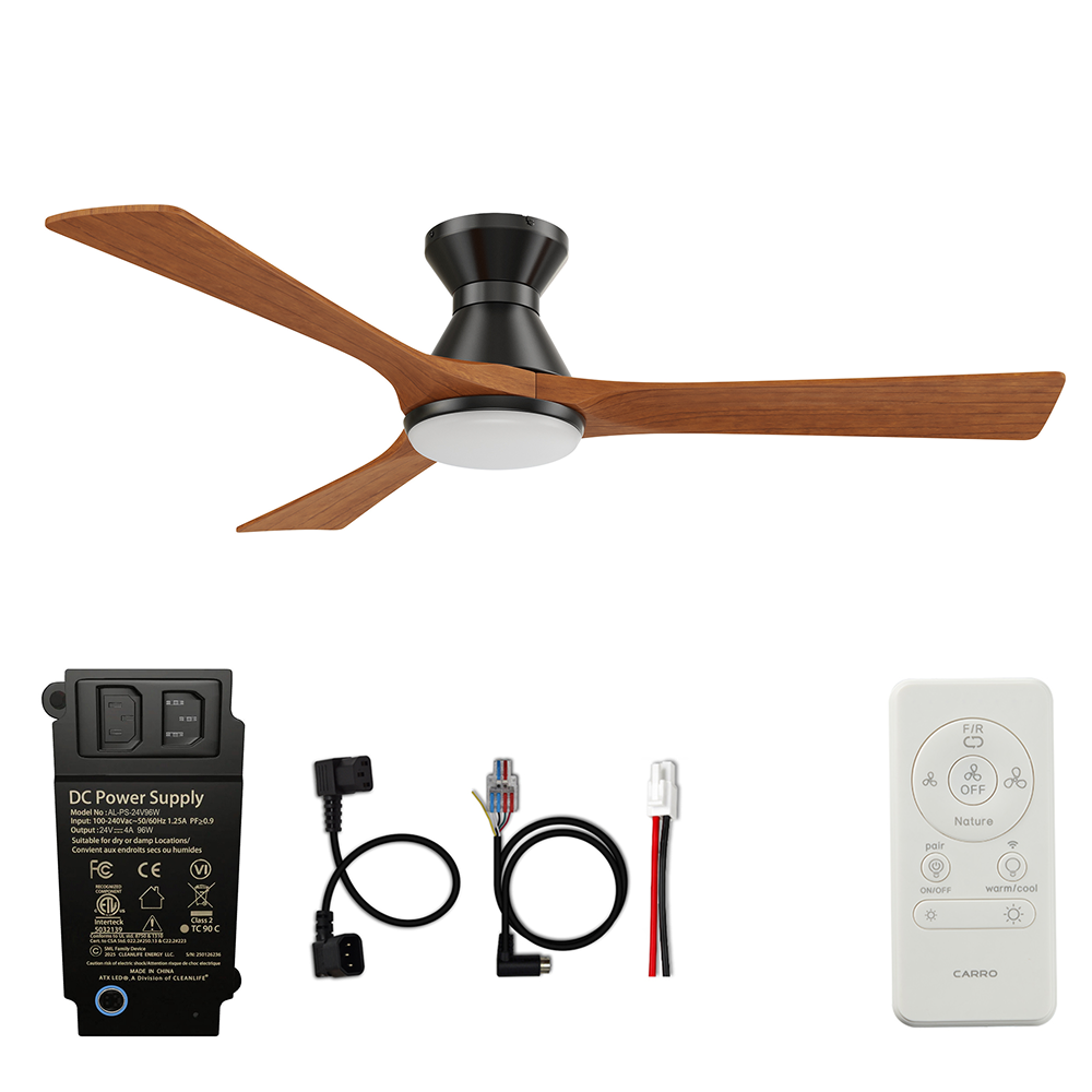 CARRO® NICOLET 24VDC 3-Blade Flush Mount Smart Ceiling Fan with LED Light Kit & Remote – Black / Antique Walnut