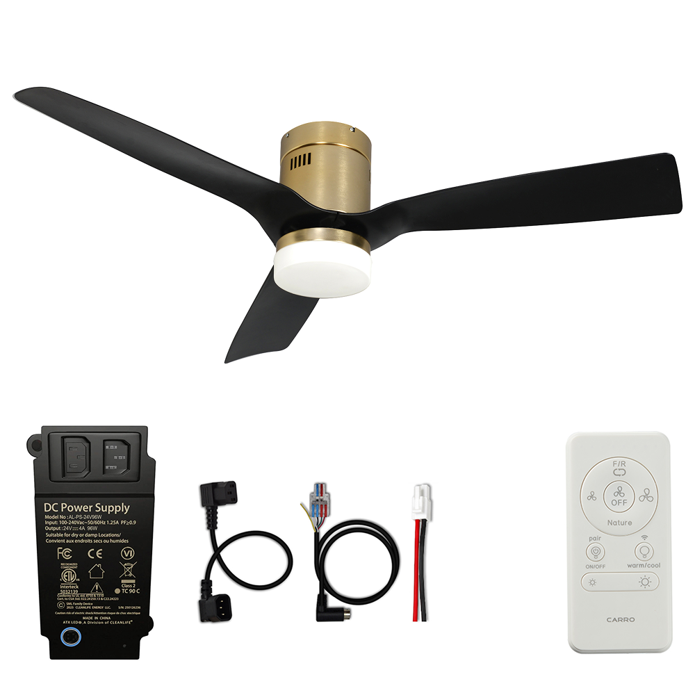 CARRO® SPEZIA 24VDC 3-Blade Flush Mount Smart Ceiling Fan with LED Light Kit & Remote – Brushed Gold / Matte Black