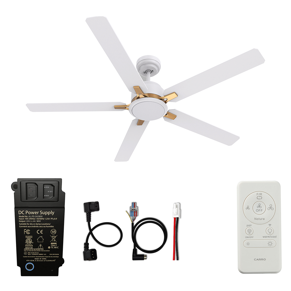 CARRO® ESPEAR 24VDC 5-Blade Smart Ceiling Fan with LED Light Kit & Remote – Matte White / Brushed Gold