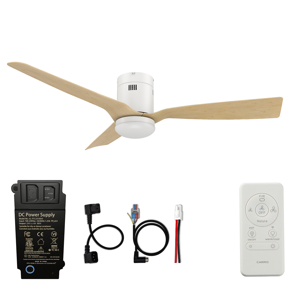 CARRO® SPEZIA 24VDC 3-Blade Flush Mount Smart Ceiling Fan with LED Light Kit & Remote – White / European Oak