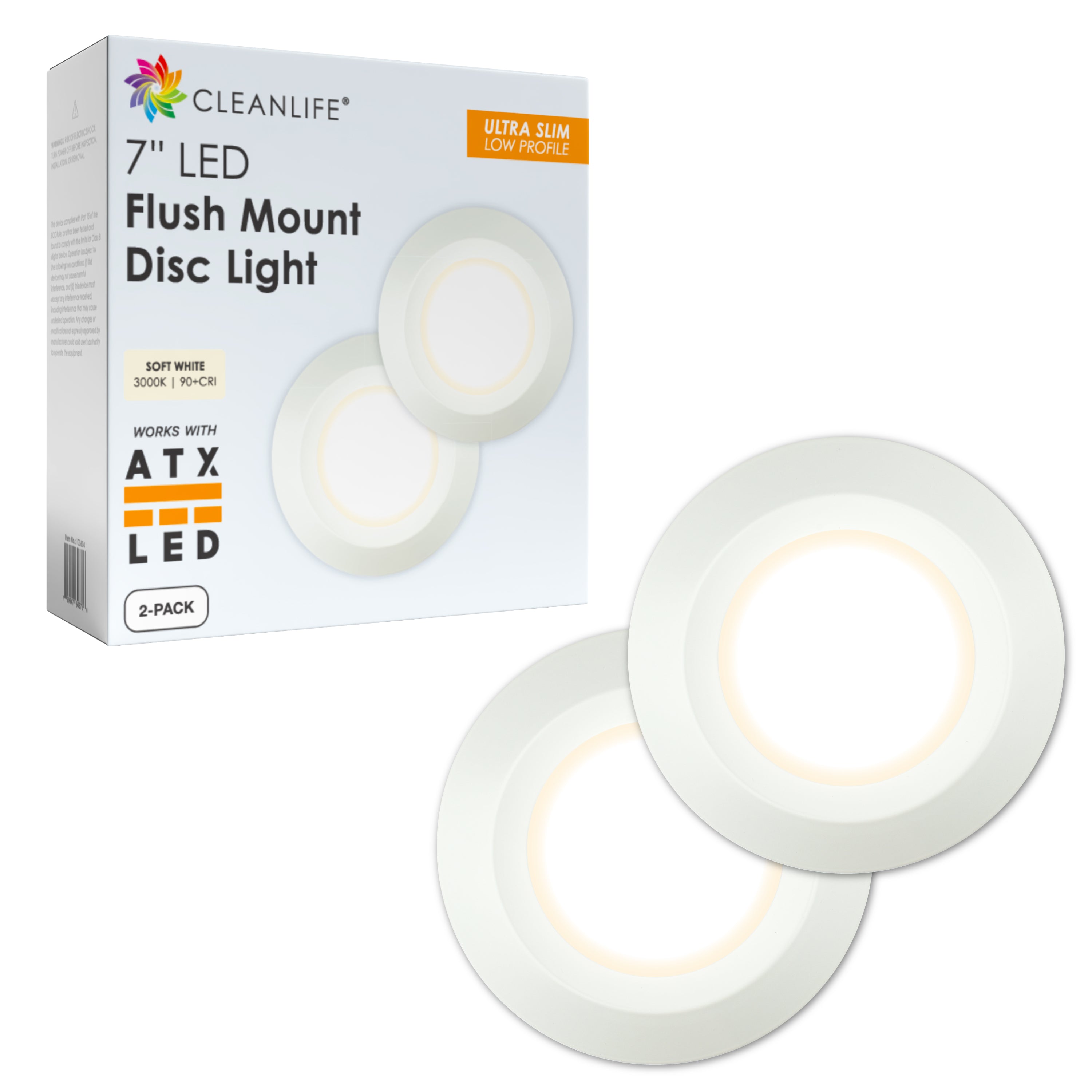CLEANLIFE® 48-51V DC 7" LED Flush Mount Disc Light, 3000K (2-Pack)