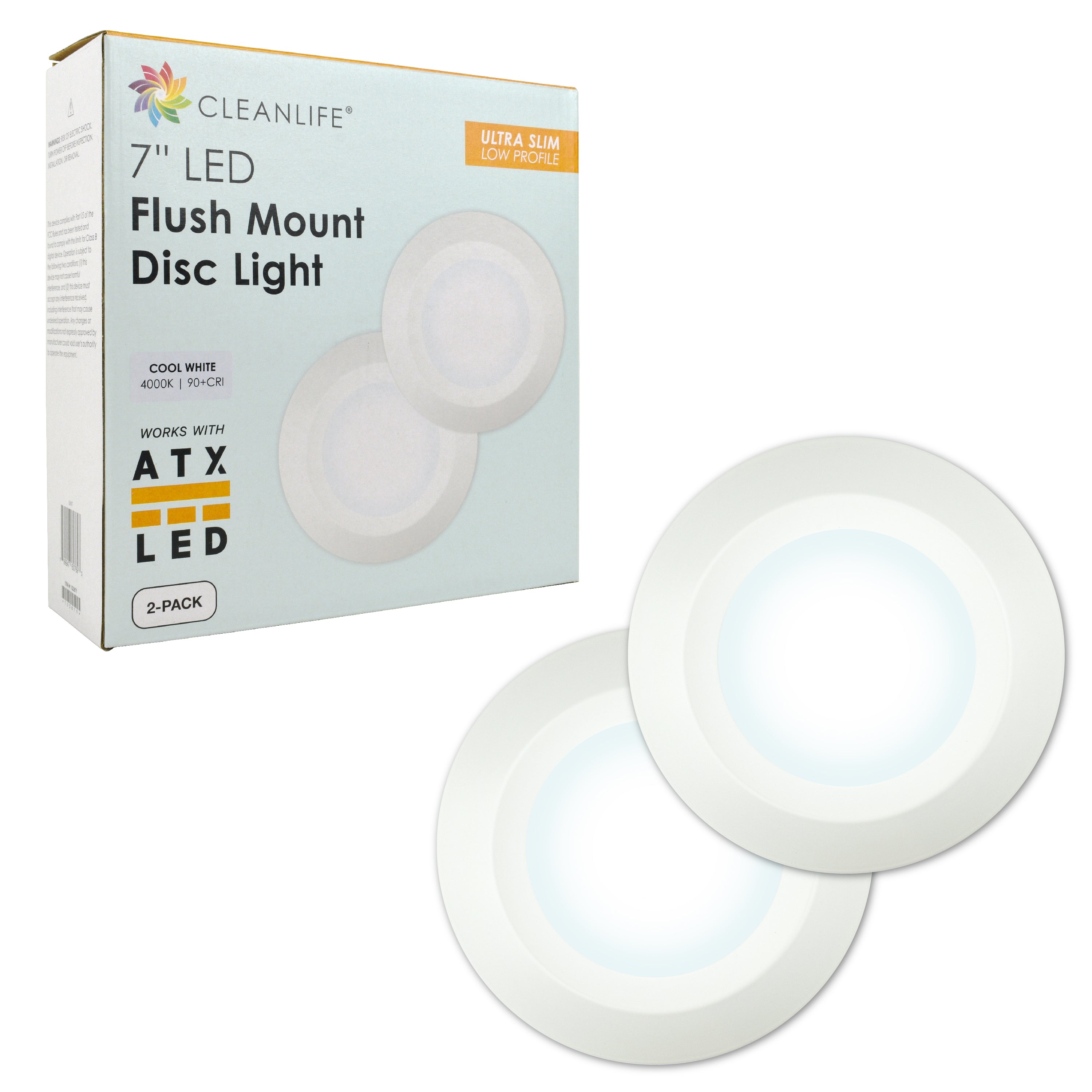 CLEANLIFE® 48-51V DC 7" LED Flush Mount Disc Light, 4000K (2-Pack)