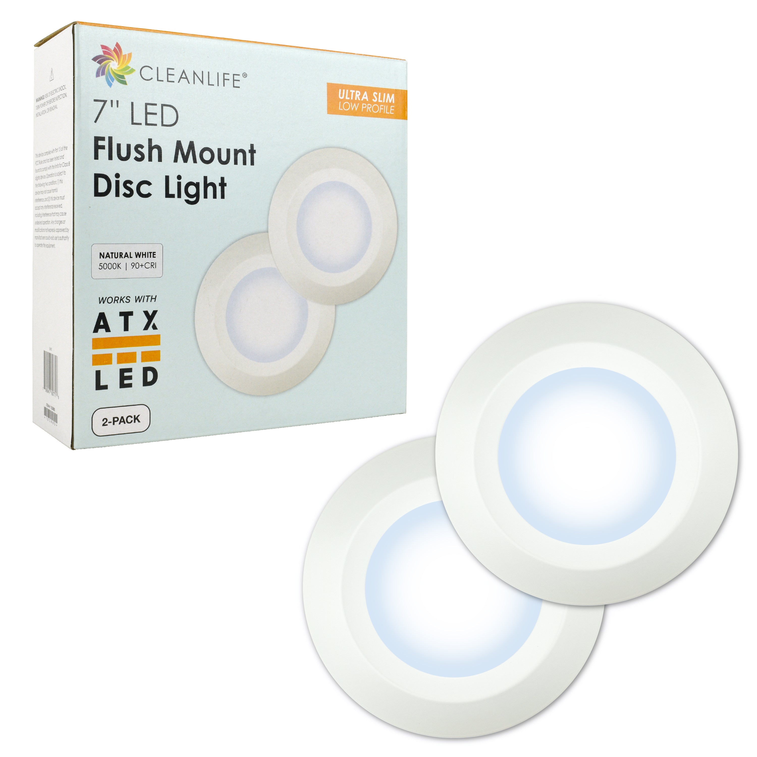 CLEANLIFE® 48-51V DC 7" LED Flush Mount Disc Light, 5000K (2-Pack)