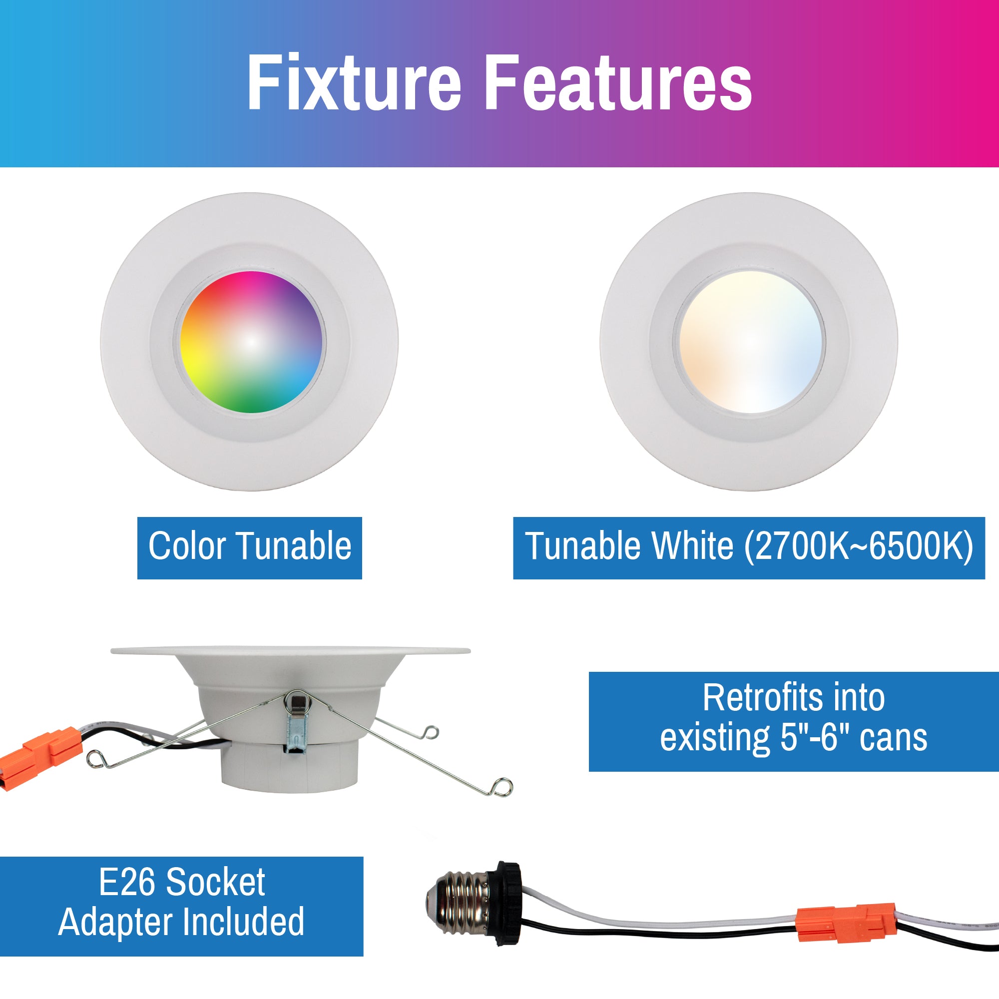 CLEANLIFE® 120VAC 5/6" Smart LED Downlights 2-Pack with Smart Remote Control Bundle