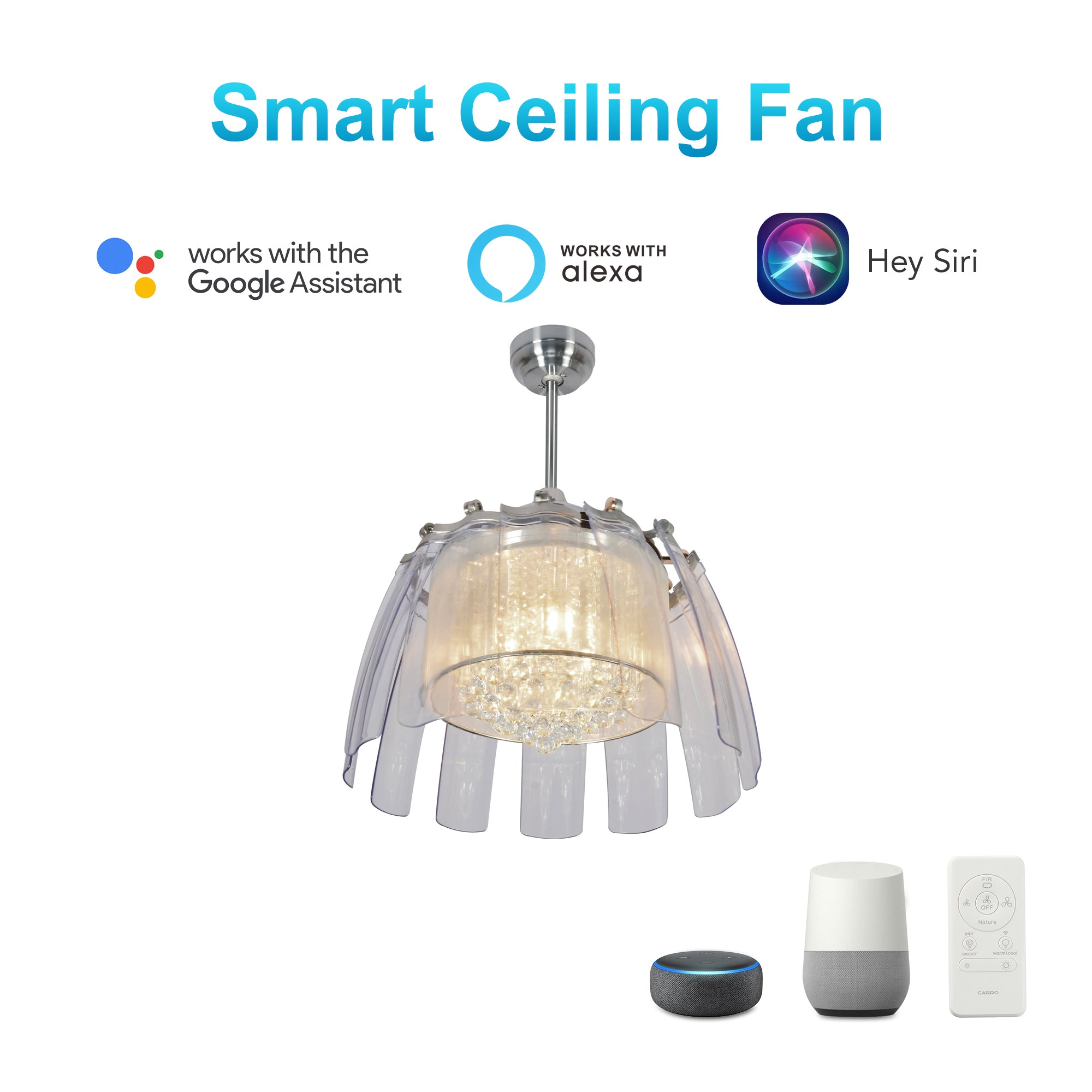 CARRO® BLUEBELL 24VDC 11-Blade Smart Crystal Chandelier Ceiling Fan with Light Kit & Remote – Silver