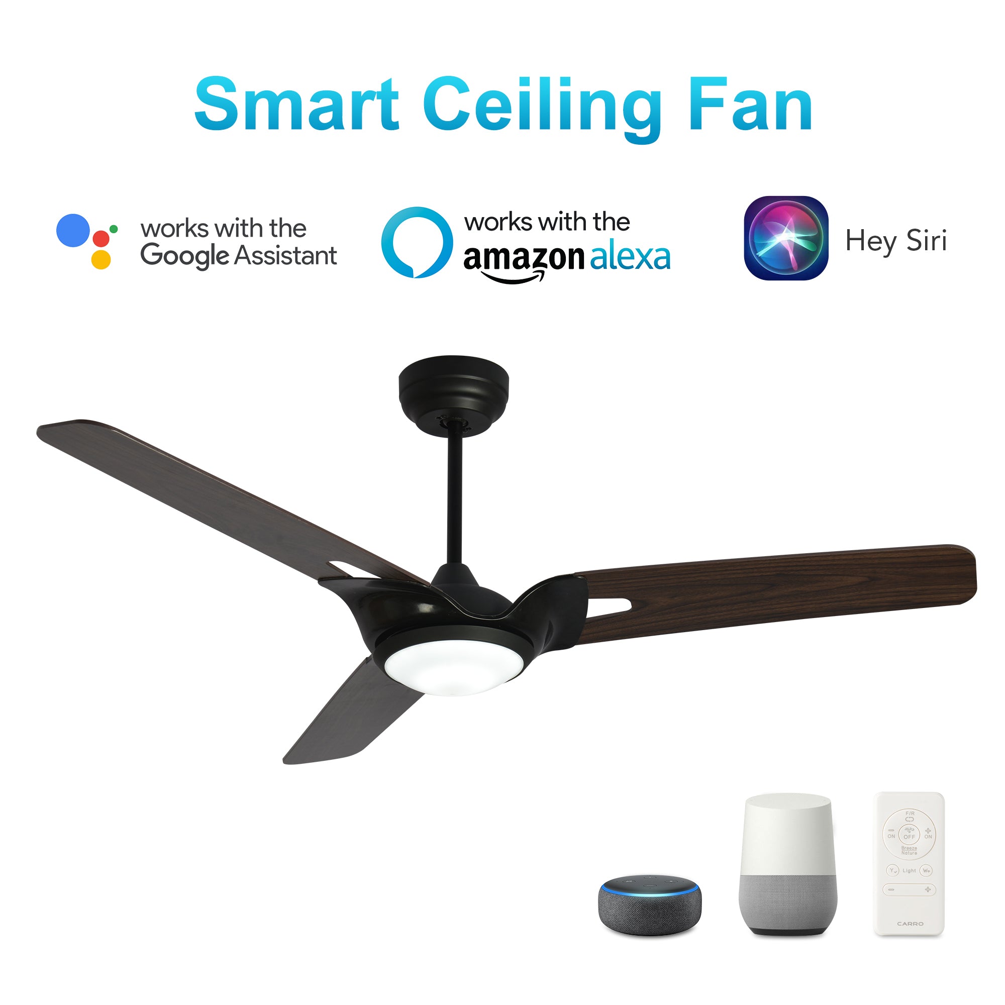 CARRO® HOFFEN 24VDC 3-Blade Smart Ceiling Fan with LED Light Kit & Remote – Matte Black / Dark Walnut
