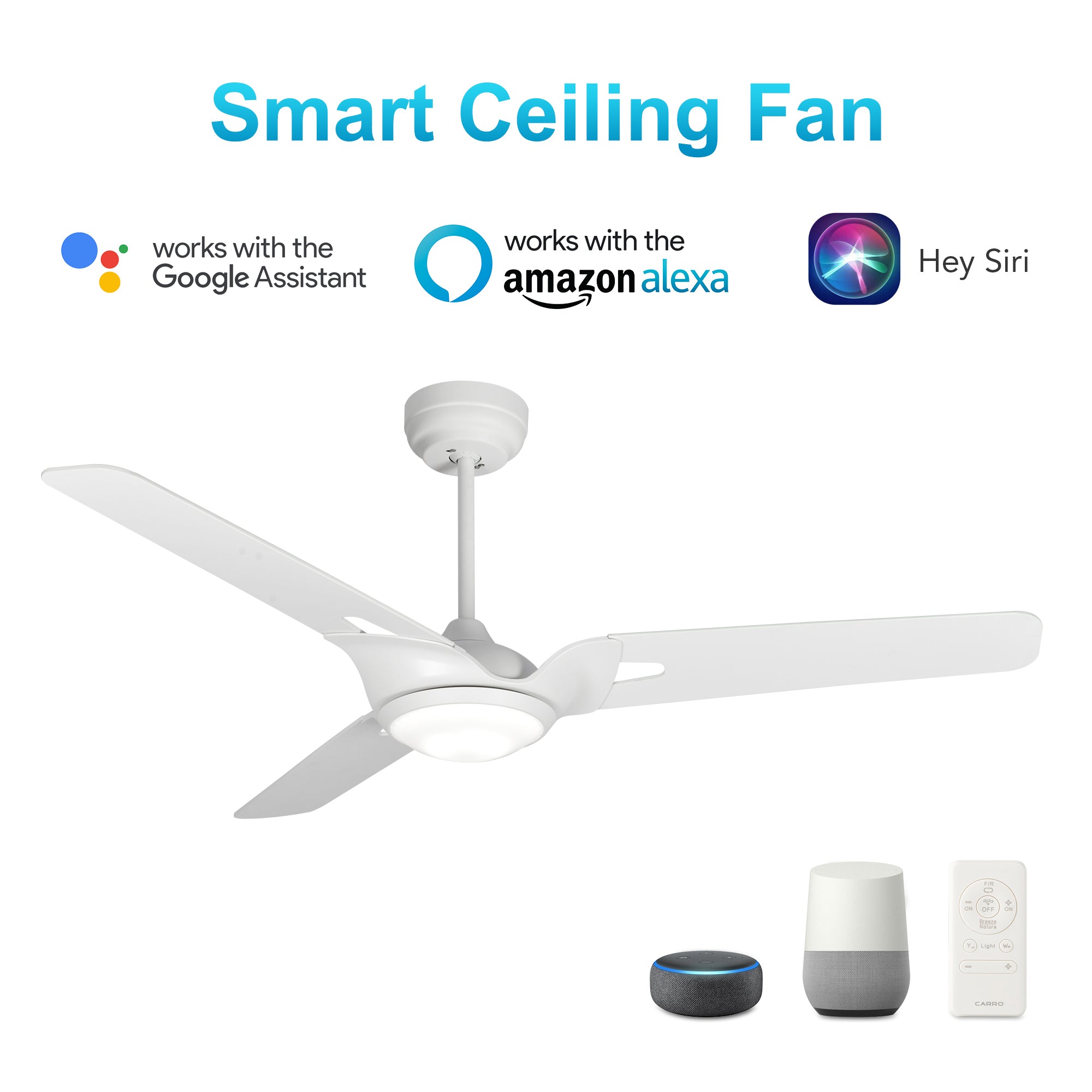 CARRO® HOFFEN 24VDC 3-Blade Smart Ceiling Fan with LED Light Kit & Remote – Matte White