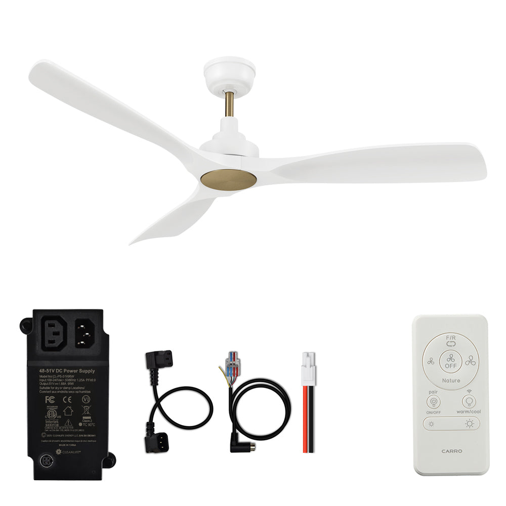 CARRO® KIAMA 48VDC 3-Blade Smart Ceiling Fan with Remote – Matte White / Brushed Gold