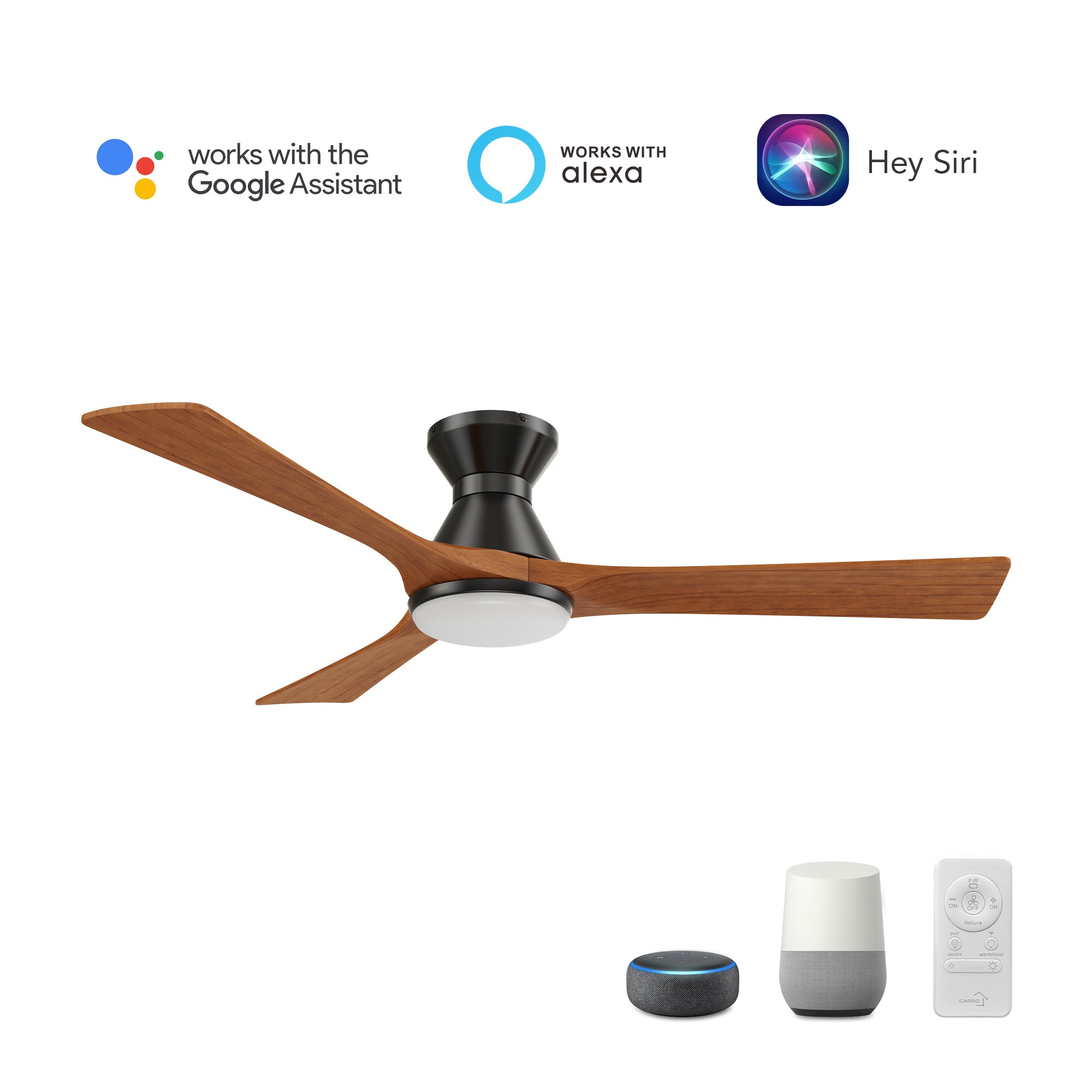 CARRO® NICOLET 24VDC 3-Blade Flush Mount Smart Ceiling Fan with LED Light Kit & Remote – Black / Antique Walnut