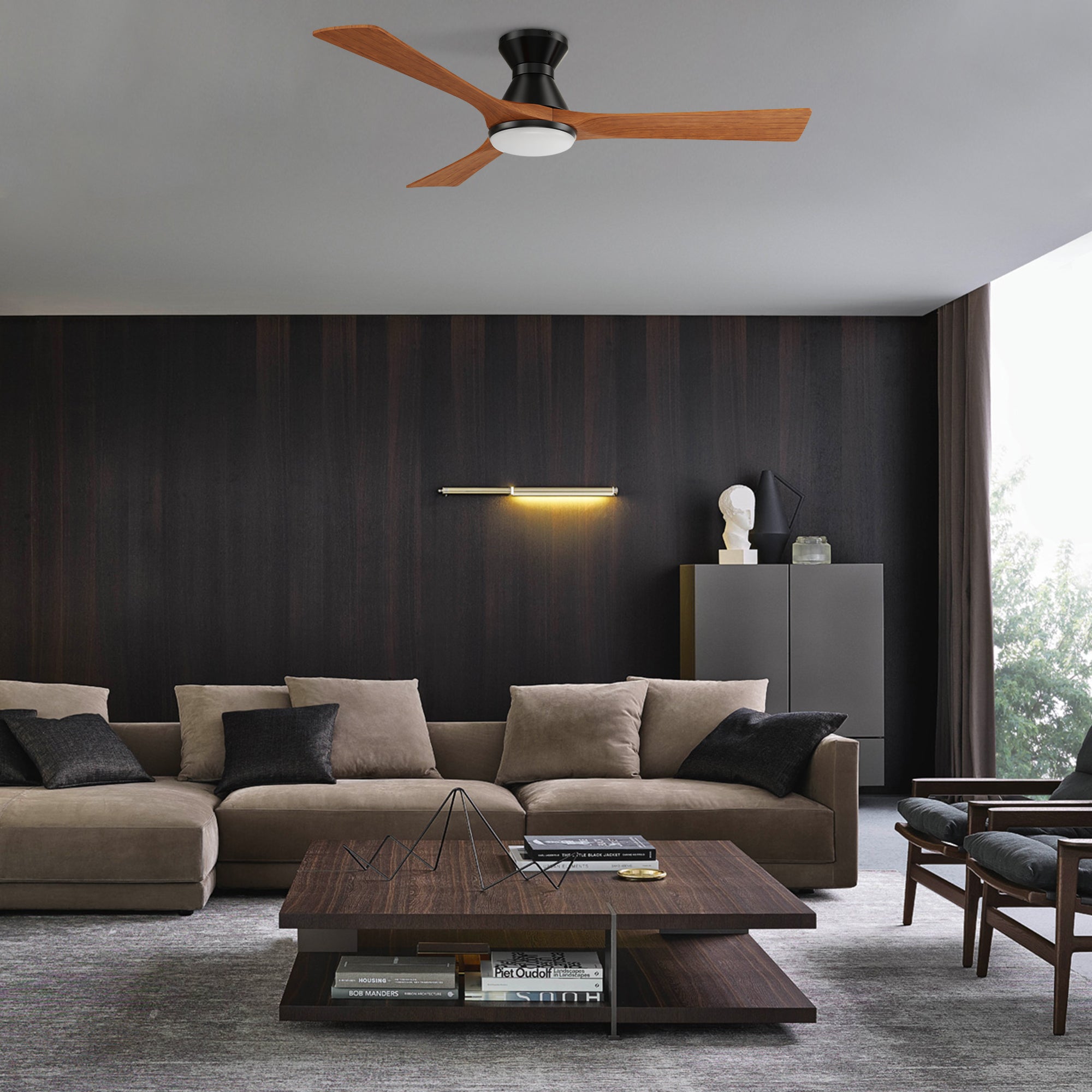 CARRO® NICOLET 24VDC 3-Blade Flush Mount Smart Ceiling Fan with LED Light Kit & Remote – Black / Antique Walnut