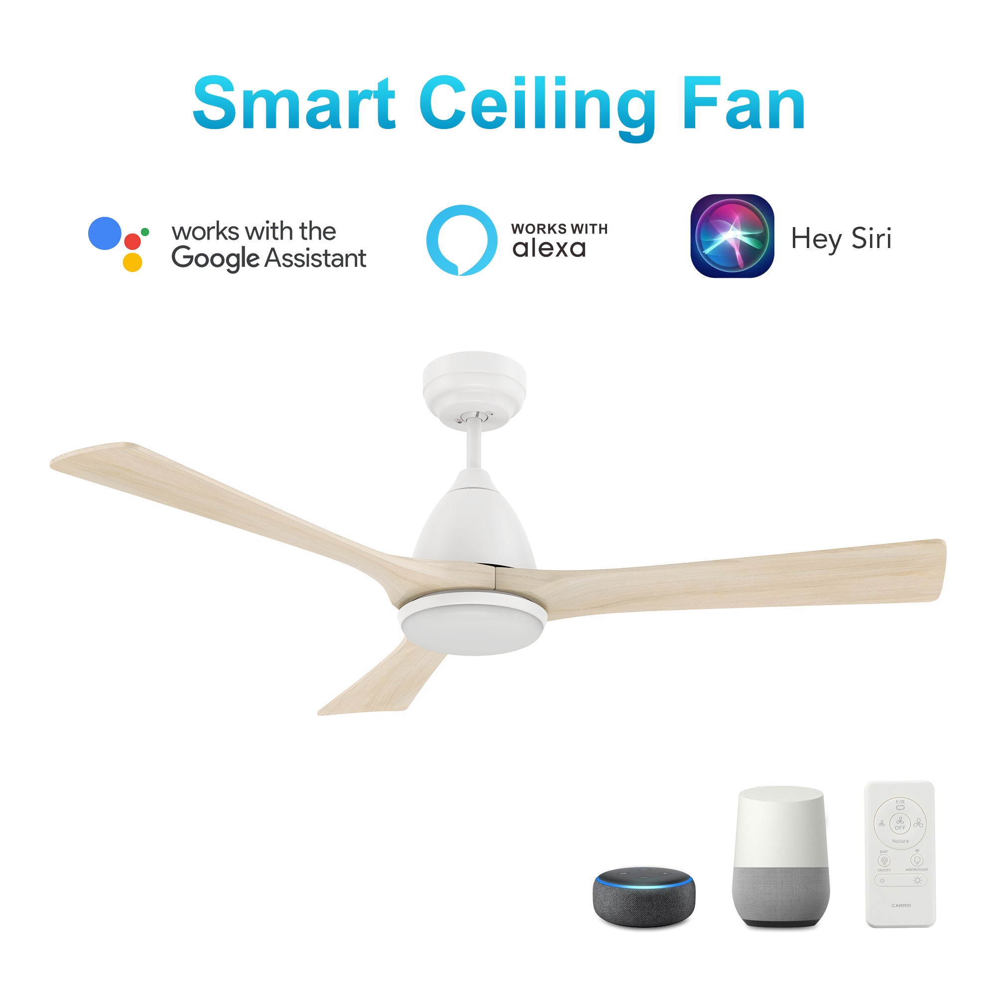 CARRO® NICOLET 24VDC 3-Blade Smart Ceiling Fan with LED Light Kit & Remote – Matte White / White Oak