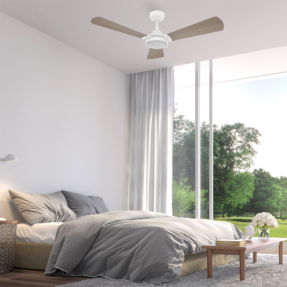 CARRO® BRISA 24VDC 3-Blade Smart Ceiling Fan with LED Light Kit & Remote – Matte White / Light Wood