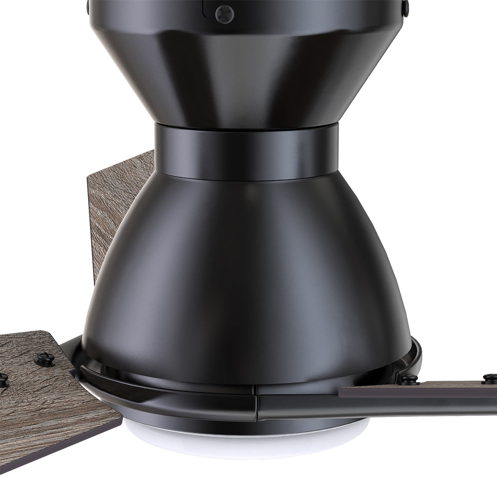 CARRO® CALEN 24VDC 3-Blade Flush Mount Smart Ceiling Fan with LED Light Kit & Remote – Matte Black / Barnwood