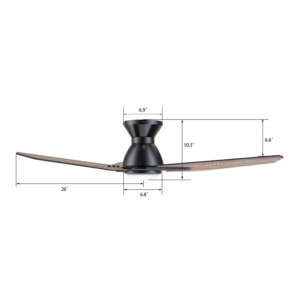 CARRO® CALEN 24VDC 3-Blade Flush Mount Smart Ceiling Fan with LED Light Kit & Remote – Matte Black / Barnwood