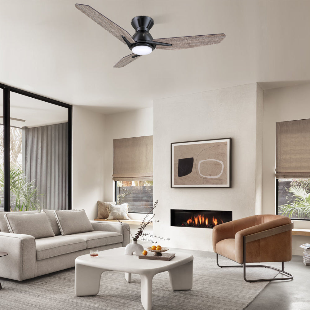 CARRO® CALEN 24VDC 3-Blade Flush Mount Smart Ceiling Fan with LED Light Kit & Remote – Matte Black / Barnwood