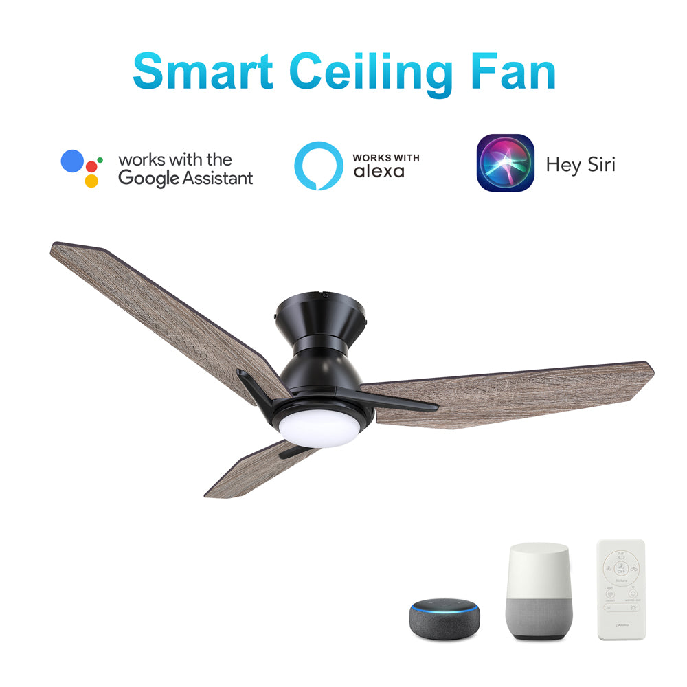 CARRO® CALEN 24VDC 3-Blade Flush Mount Smart Ceiling Fan with LED Light Kit & Remote – Matte Black / Barnwood