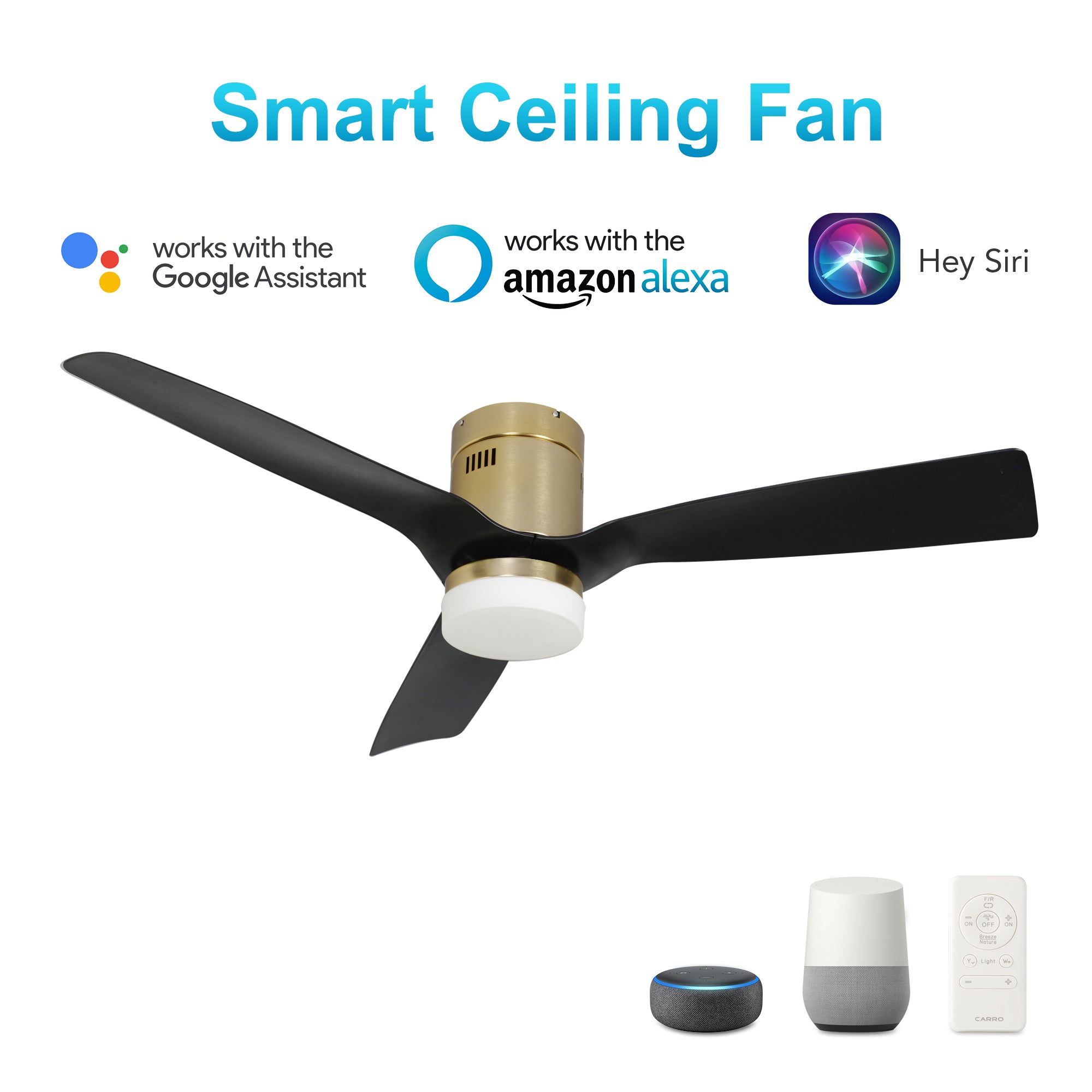 CARRO® SPEZIA 24VDC 3-Blade Flush Mount Smart Ceiling Fan with LED Light Kit & Remote – Brushed Gold / Matte Black