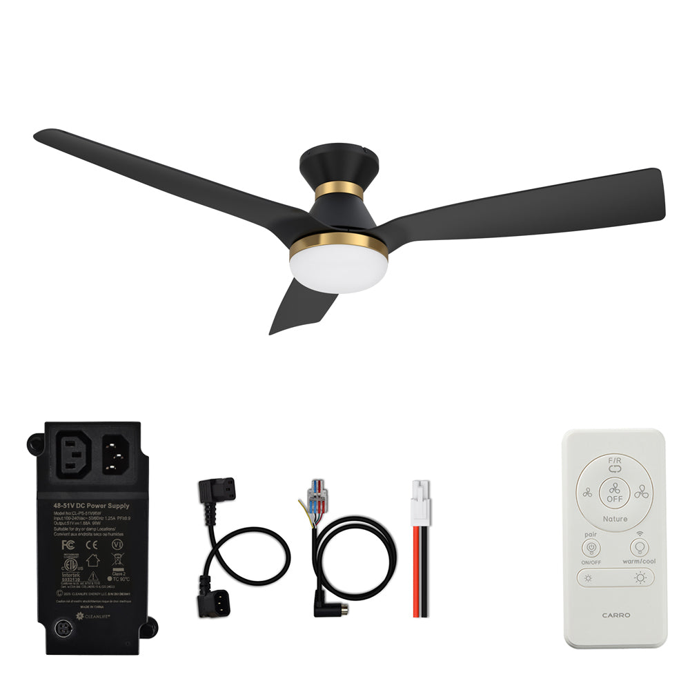 CARRO® SPEZIA 48VDC 3-Blade Flush Mount Smart Ceiling Fan with LED Light Kit & Remote – Matte Black / Brushed Gold