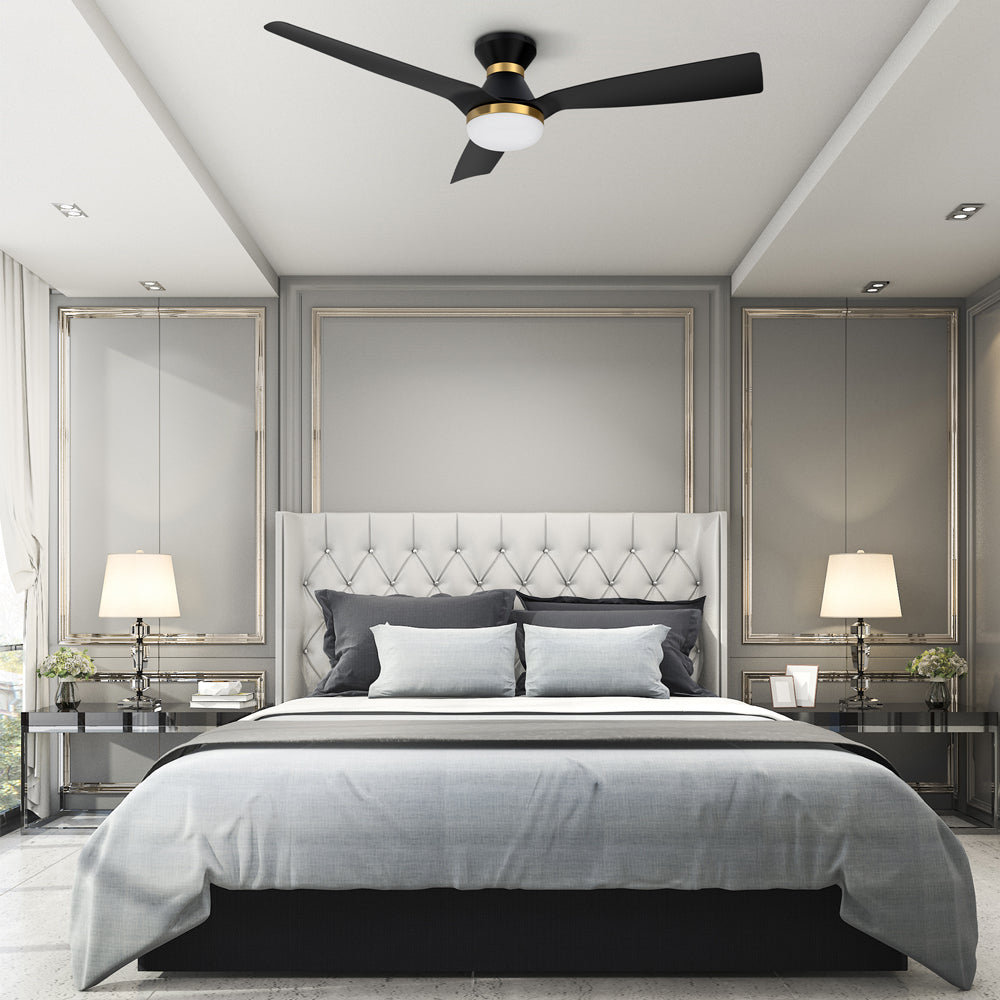 CARRO® SPEZIA 24VDC 3-Blade Flush Mount Smart Ceiling Fan with LED Light Kit & Remote – Matte Black / Brushed Gold