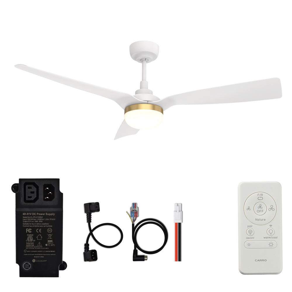 CARRO® SPEZIA 48VDC 3-Blade Smart Ceiling Fan with LED Light Kit & Remote – Matte White / Brushed Gold