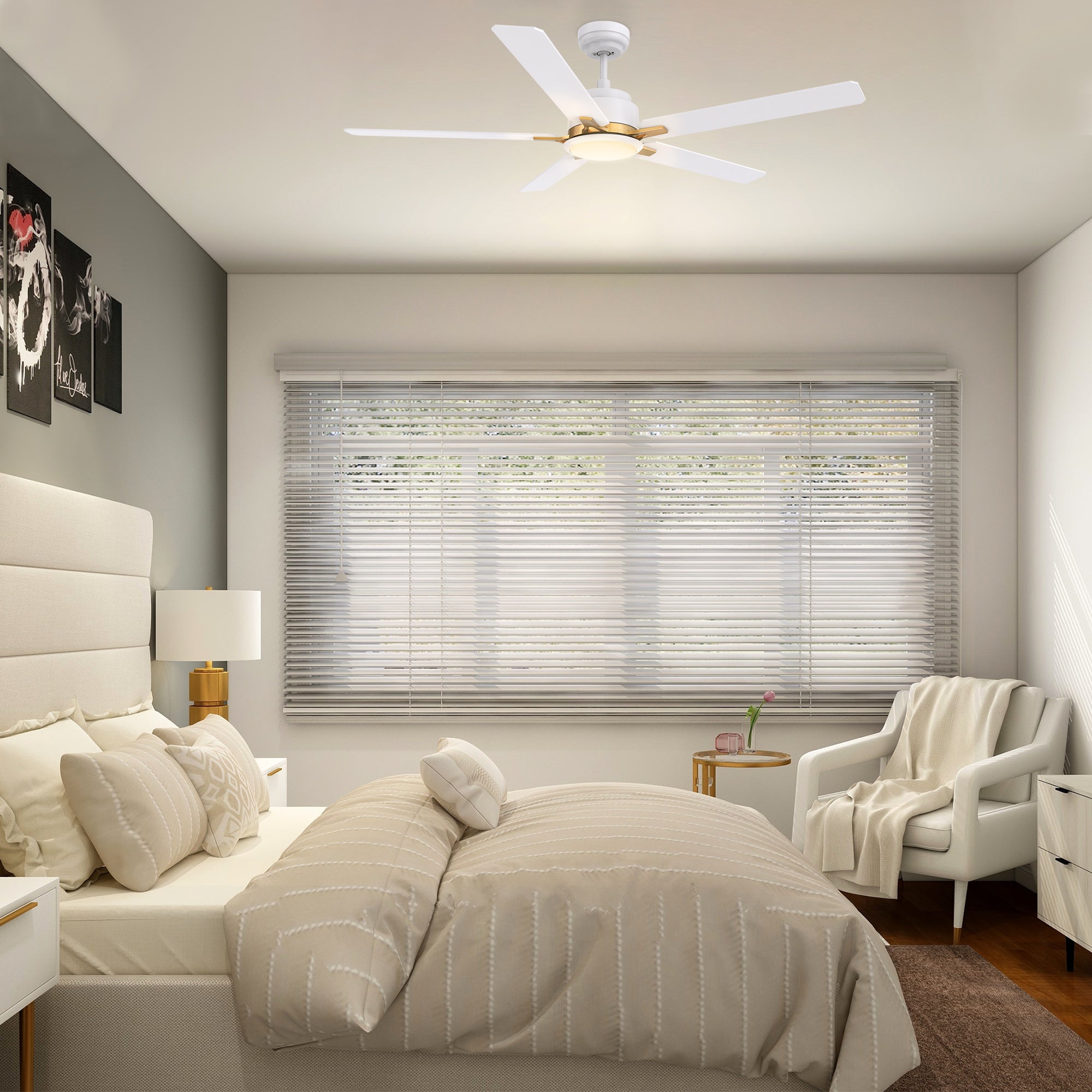 CARRO® ESPEAR 24VDC 5-Blade Smart Ceiling Fan with LED Light Kit & Remote – Matte White / Brushed Gold