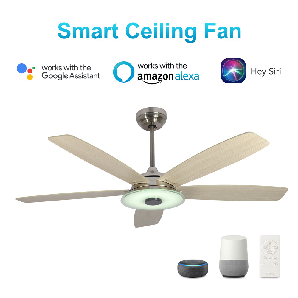 CARRO® JOURNEY 24VDC 5-Blade Smart Ceiling Fan with LED Light Kit & Remote – Brushed Nickel / Light Chestnut