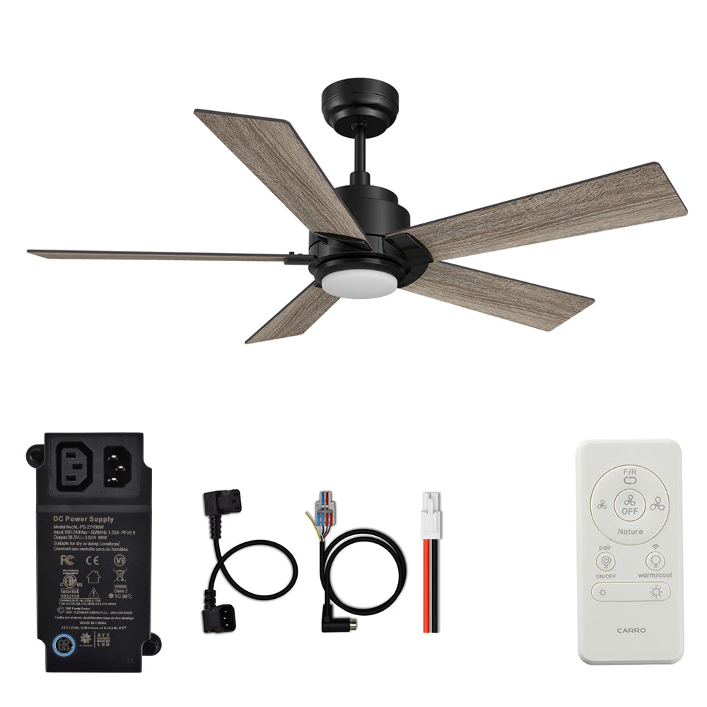 CARRO® ASCENDER 24VDC 5-Blade Smart Ceiling Fan with LED Light Kit & Remote – Matte Black / Weathered Walnut Reversible Blades