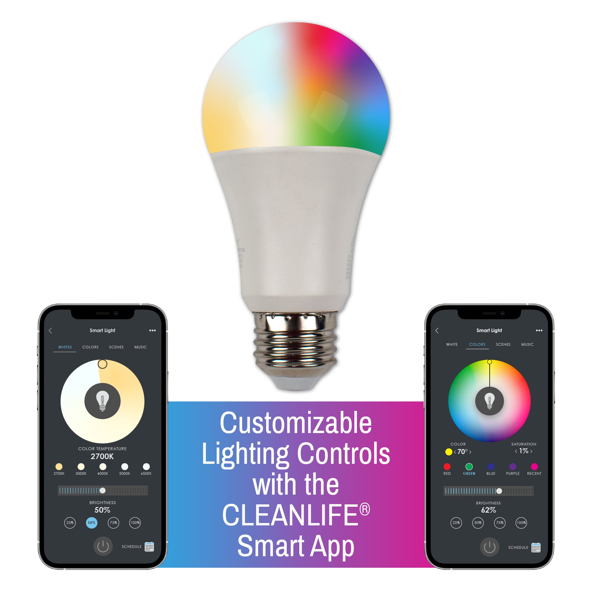 CLEANLIFE® Smart 120VAC A19 RGB + Tunable White LED Light Bulb (WiFi + Bluetooth)