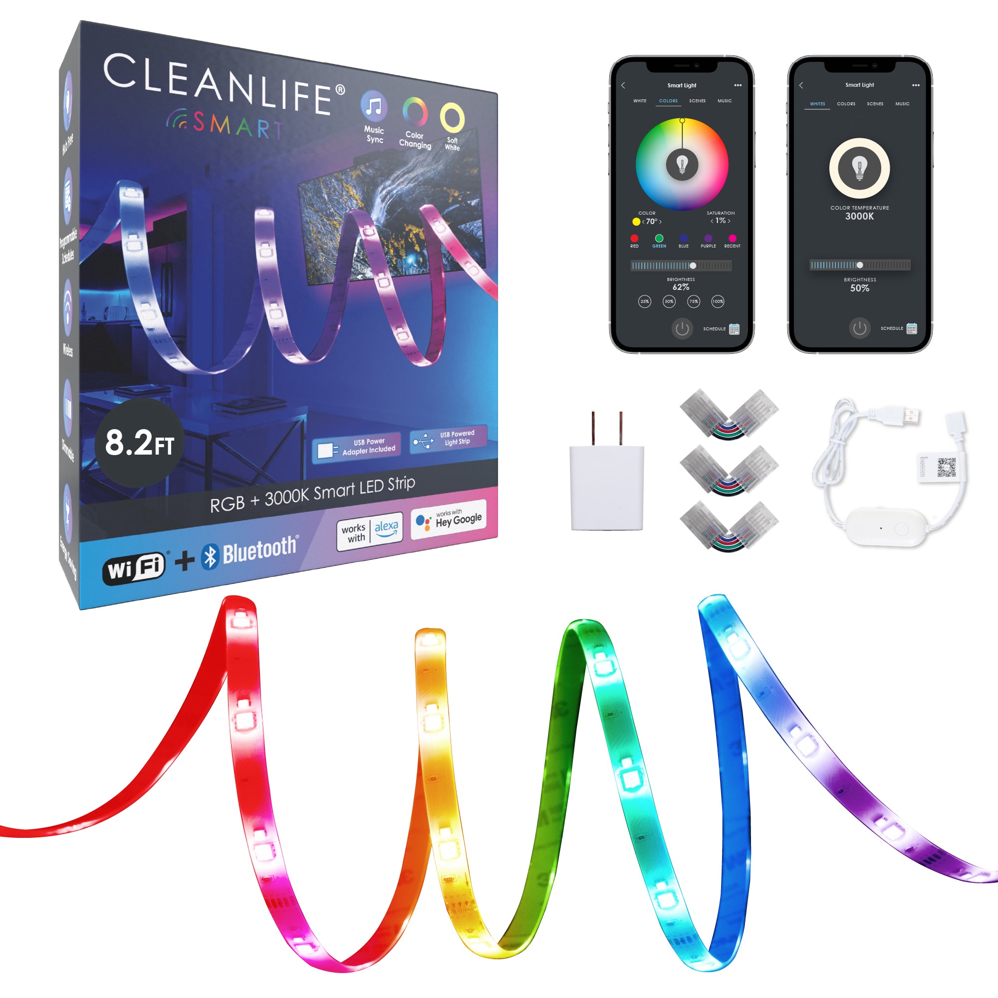 CLEANLIFE® 5V USB-Powered Smart Indoor Light Strip Kit - RGB+3000K, WiFi + Bluetooth