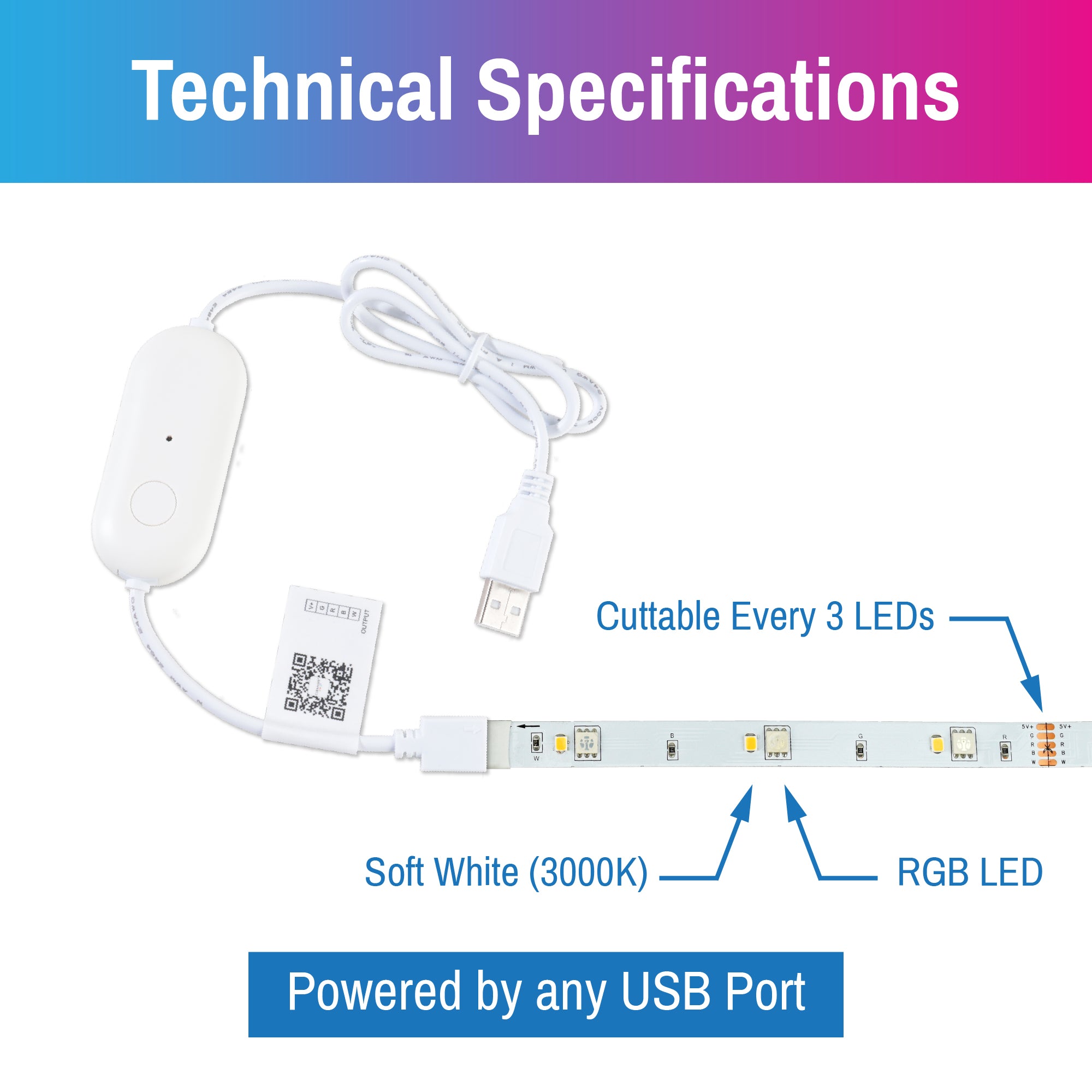 CLEANLIFE® 5V USB-Powered Smart Indoor Light Strip Kit - RGB+3000K, WiFi + Bluetooth