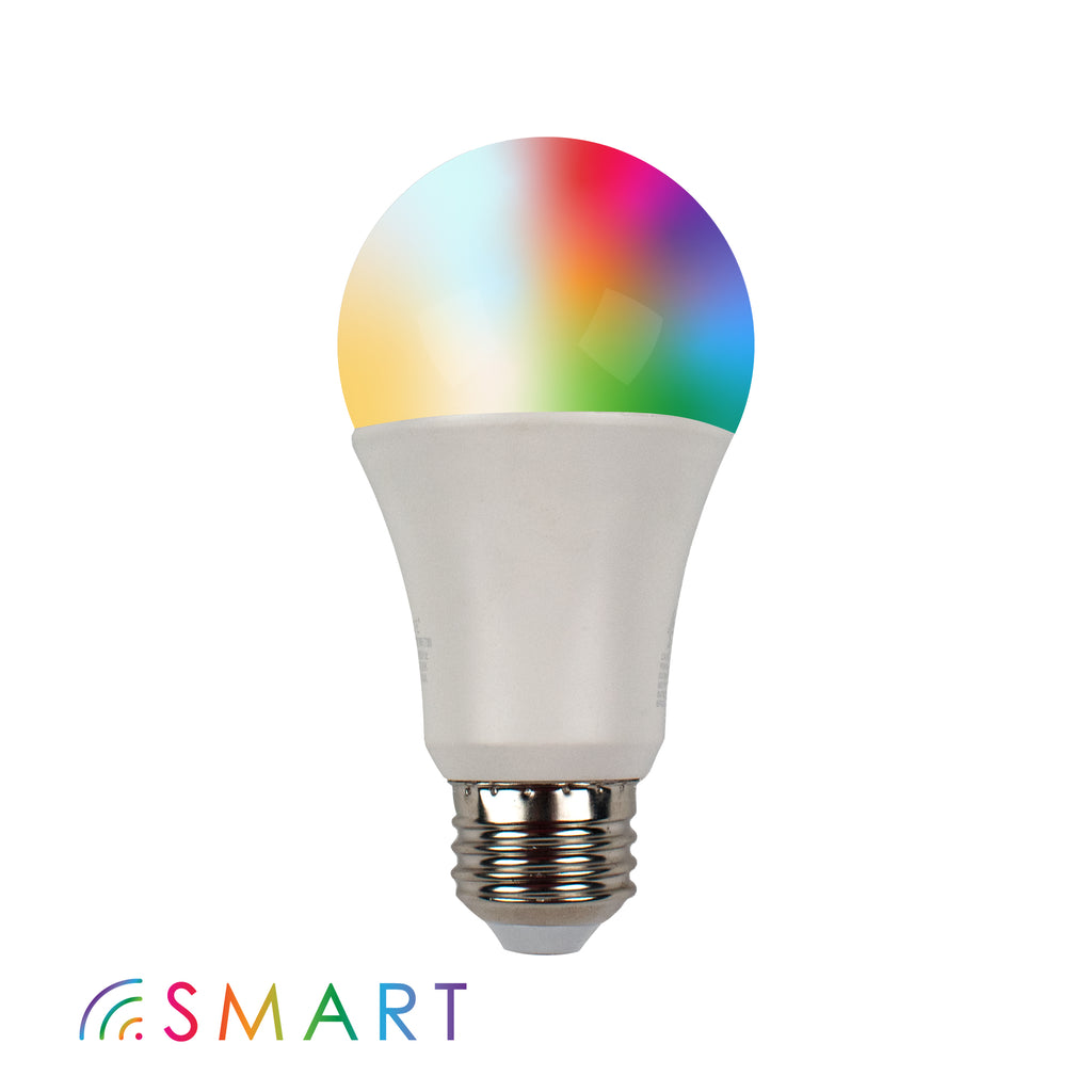 smart a19 bulb color changing light bulb on white background