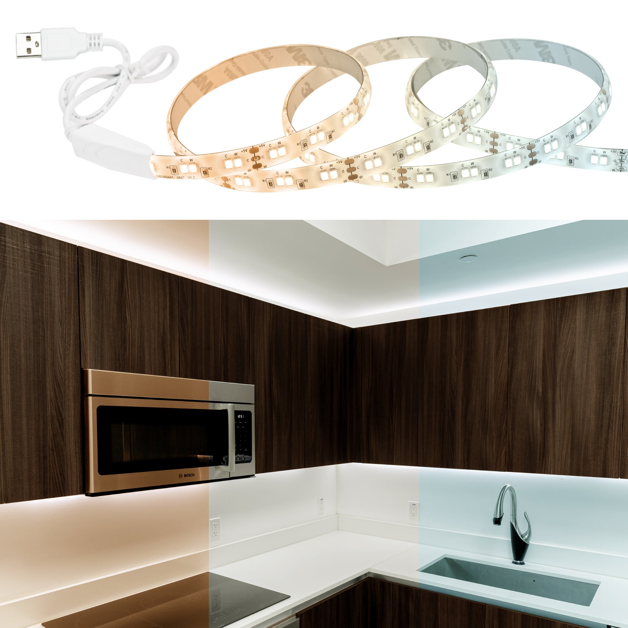 TrueColor® 5V USB-Powered Smart LED Light Strips - RGB+3000K or Tunable White, Bluetooth Control