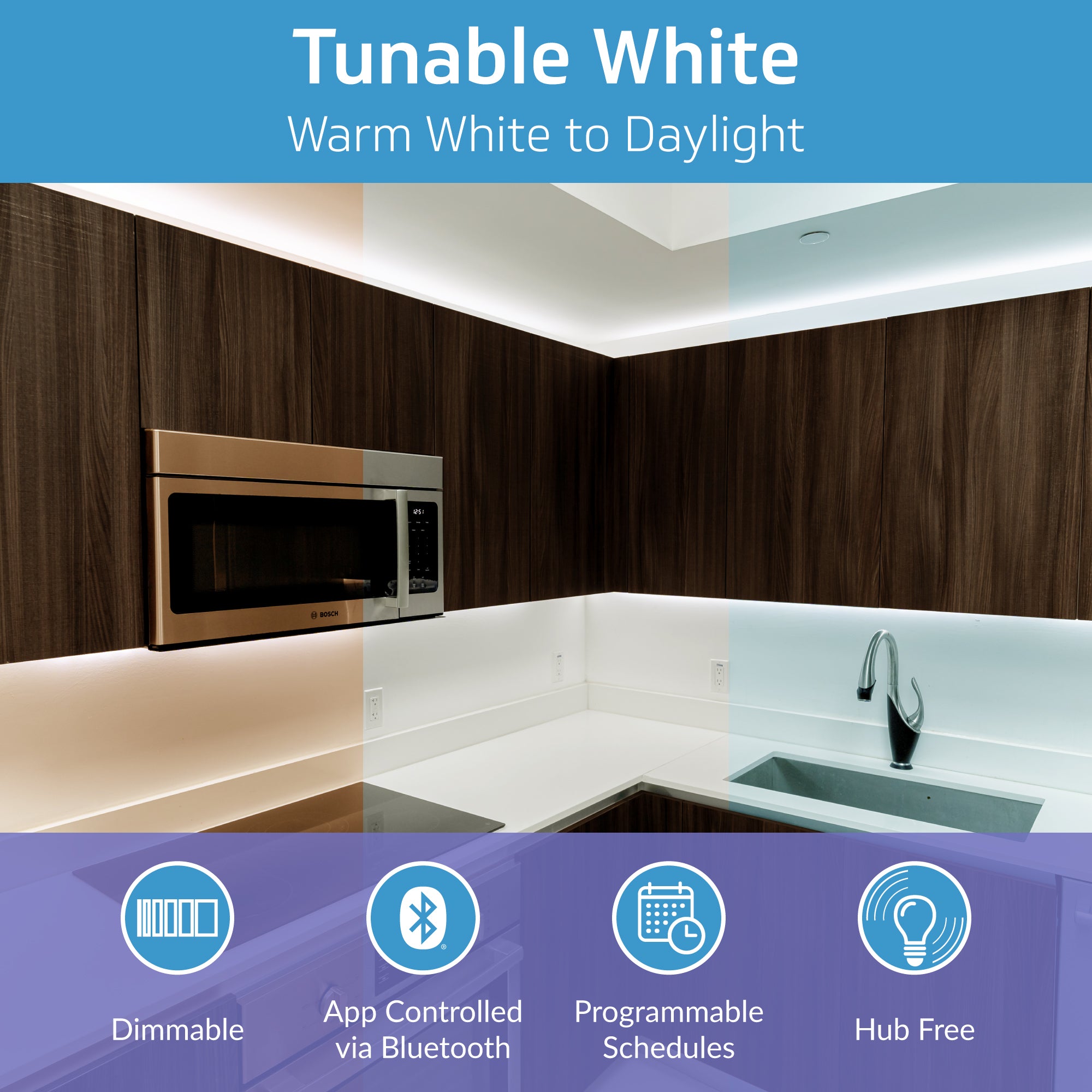 TrueColor® 5V USB-Powered Smart LED Light Strips - RGB+3000K or Tunable White, Bluetooth Control