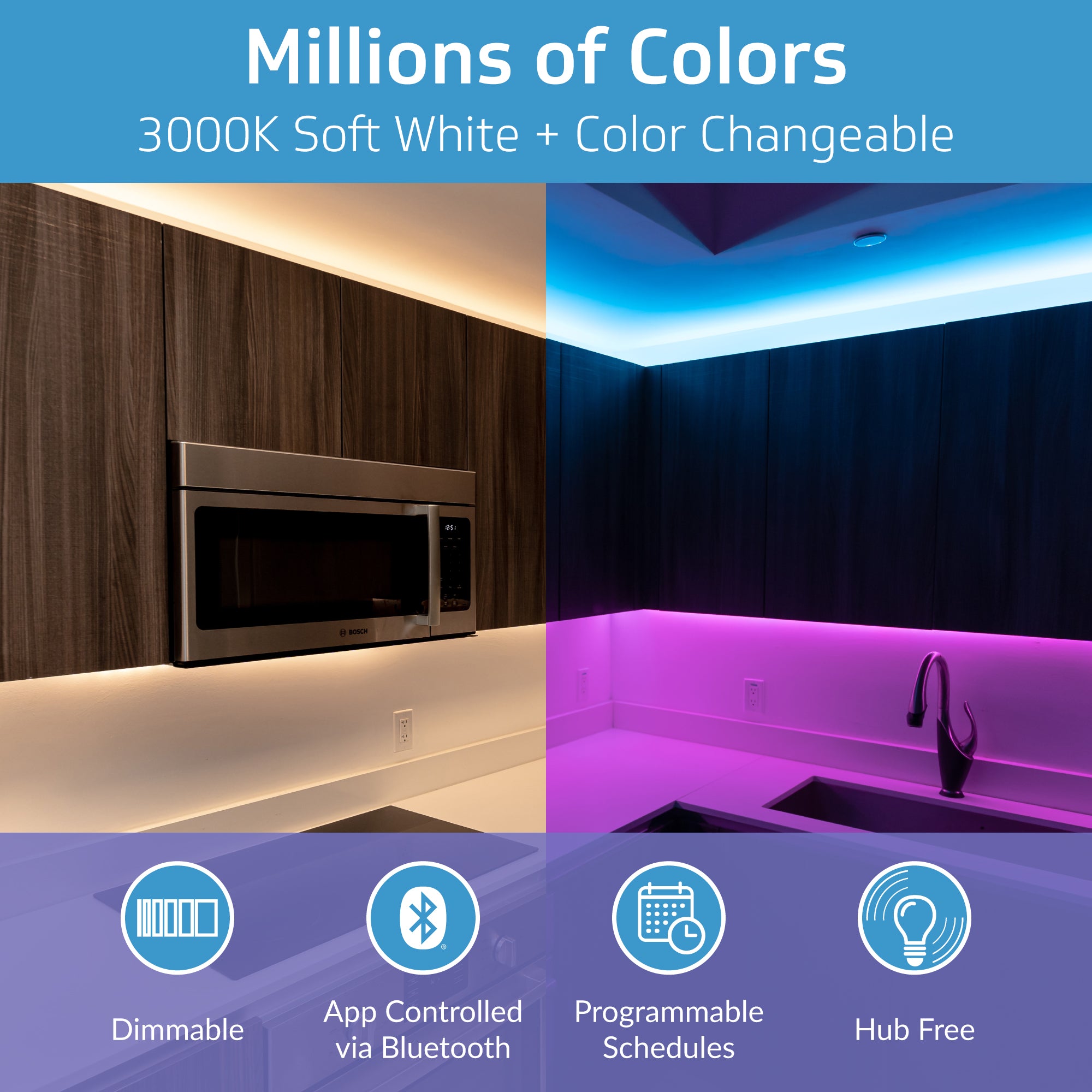 TrueColor® 5V USB-Powered Smart LED Light Strips - RGB+3000K or Tunable White, Bluetooth Control