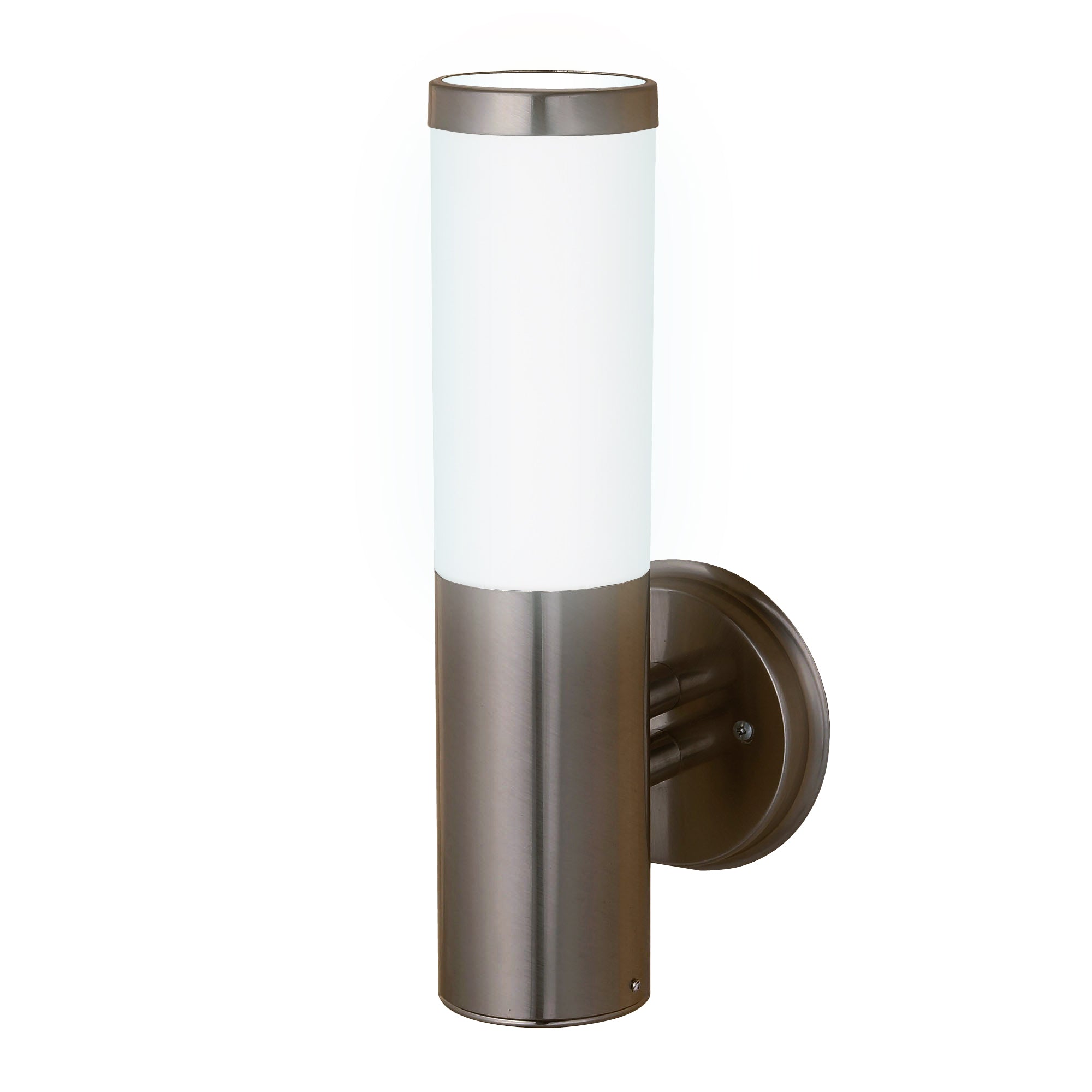 brushed nickel led wall sconce on white background