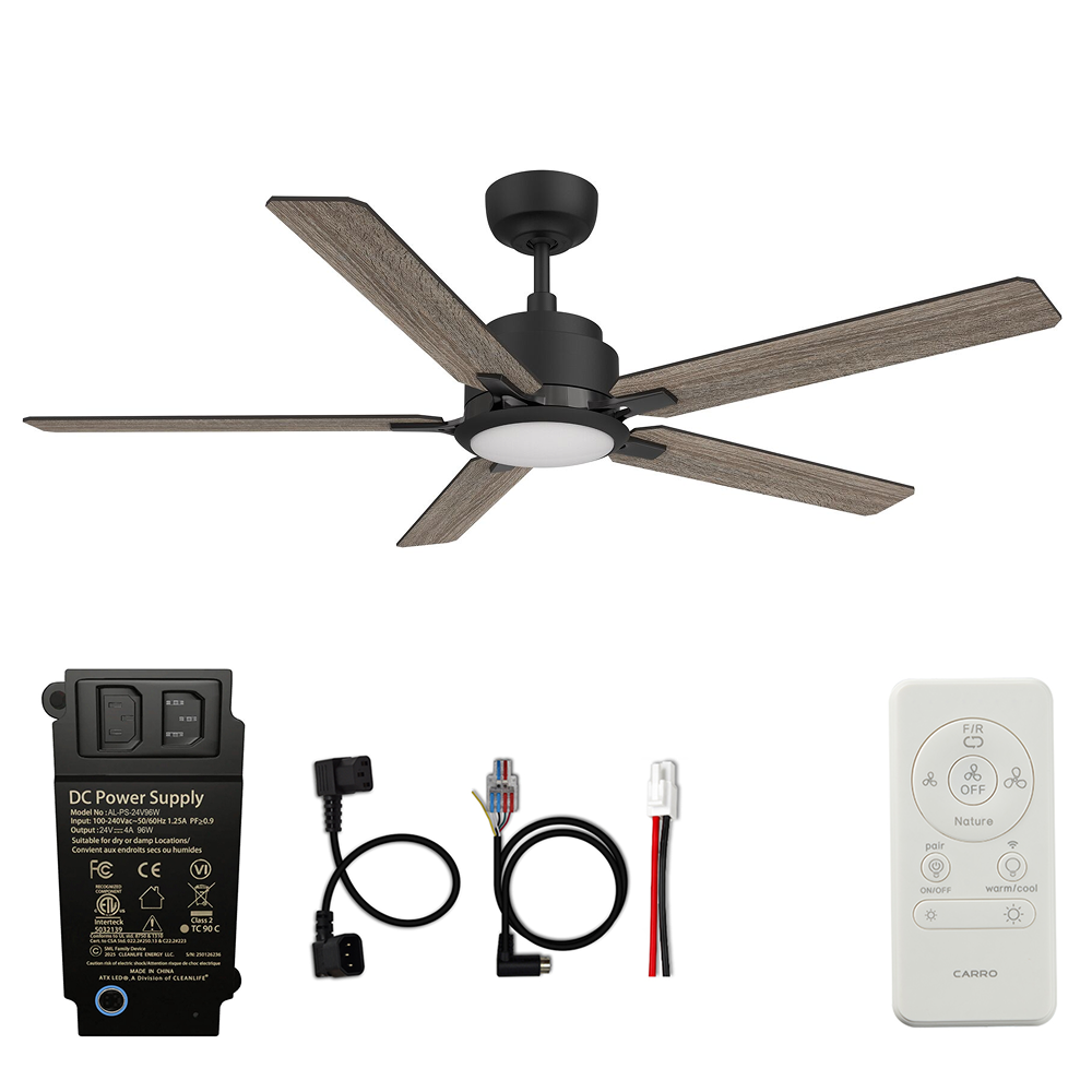 CARRO® ESPEAR 24VDC 5-Blade Smart Ceiling Fan with LED Light Kit & Remote – Matte Black / Weathered Walnut