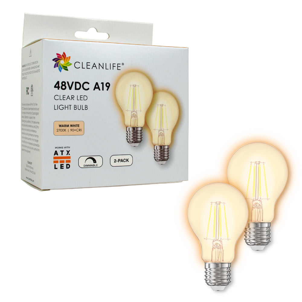 CLEANLIFE® 48VDC A19 Clear LED Light Bulb 6W (60W Equivalent) Dimmable, (2-Pack)