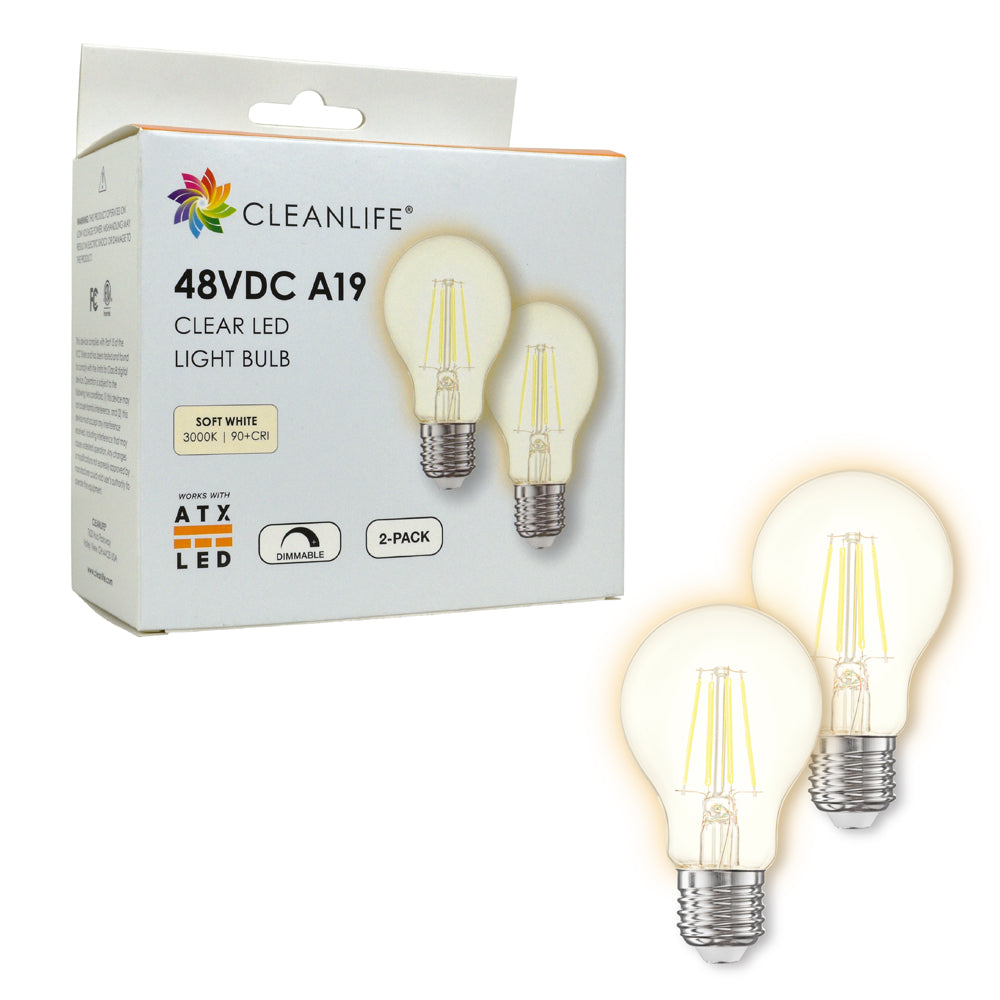 CLEANLIFE® 48VDC A19 Clear LED Light Bulb 6W (60W Equivalent) Dimmable, (2-Pack)
