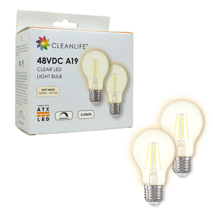 CLEANLIFE® 48VDC A19 Clear LED Light Bulb 6W (60W Equivalent) Dimmable, (2-Pack)
