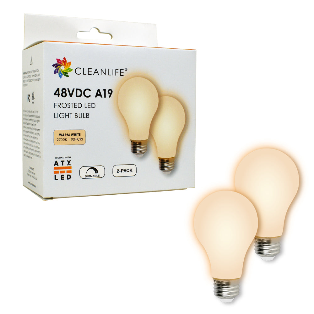 CLEANLIFE® 48VDC A19 Frosted LED Light Bulb 6W (60W Equivalent) Dimmable, (2-Pack)