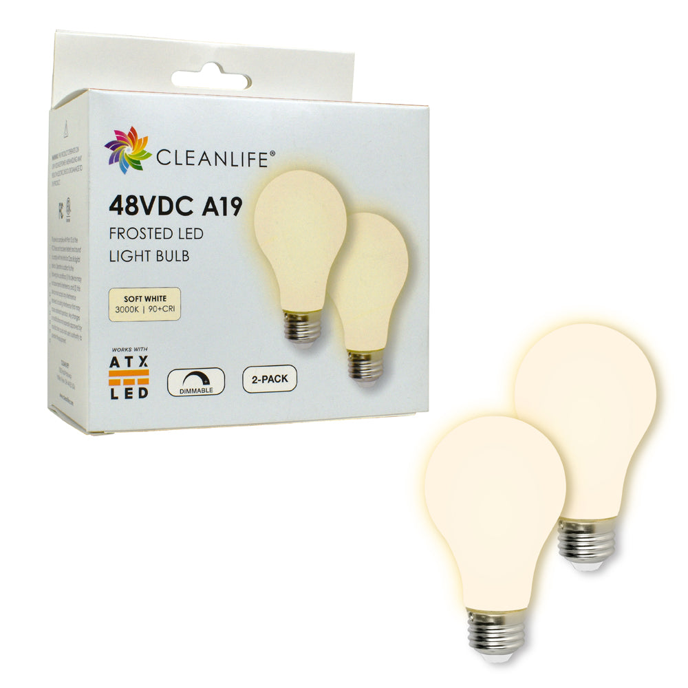 CLEANLIFE® 48VDC A19 Frosted LED Light Bulb 6W (60W Equivalent) Dimmable, (2-Pack)
