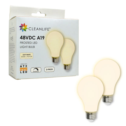 CLEANLIFE® 48VDC A19 Frosted LED Light Bulb 6W (60W Equivalent) Dimmable, (2-Pack)