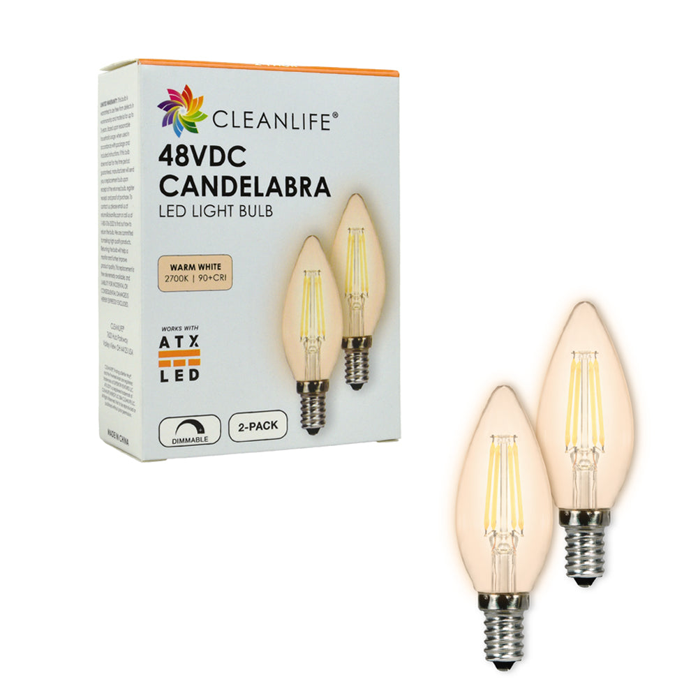 CLEANLIFE® 48VDC B11 Candelabra LED Light Bulb 3W (25W Equivalent) Dimmable, (2-Pack)