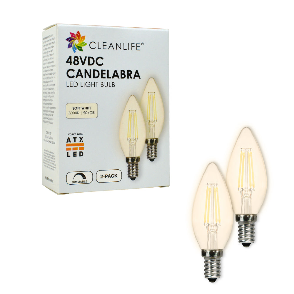 CLEANLIFE® 48VDC B11 Candelabra LED Light Bulb 3W (25W Equivalent) Dimmable, (2-Pack)