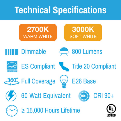 CLEANLIFE® LED A19 White Glass Dimmable Light Bulb 8W, CRI 90+ (60W Equivalent)