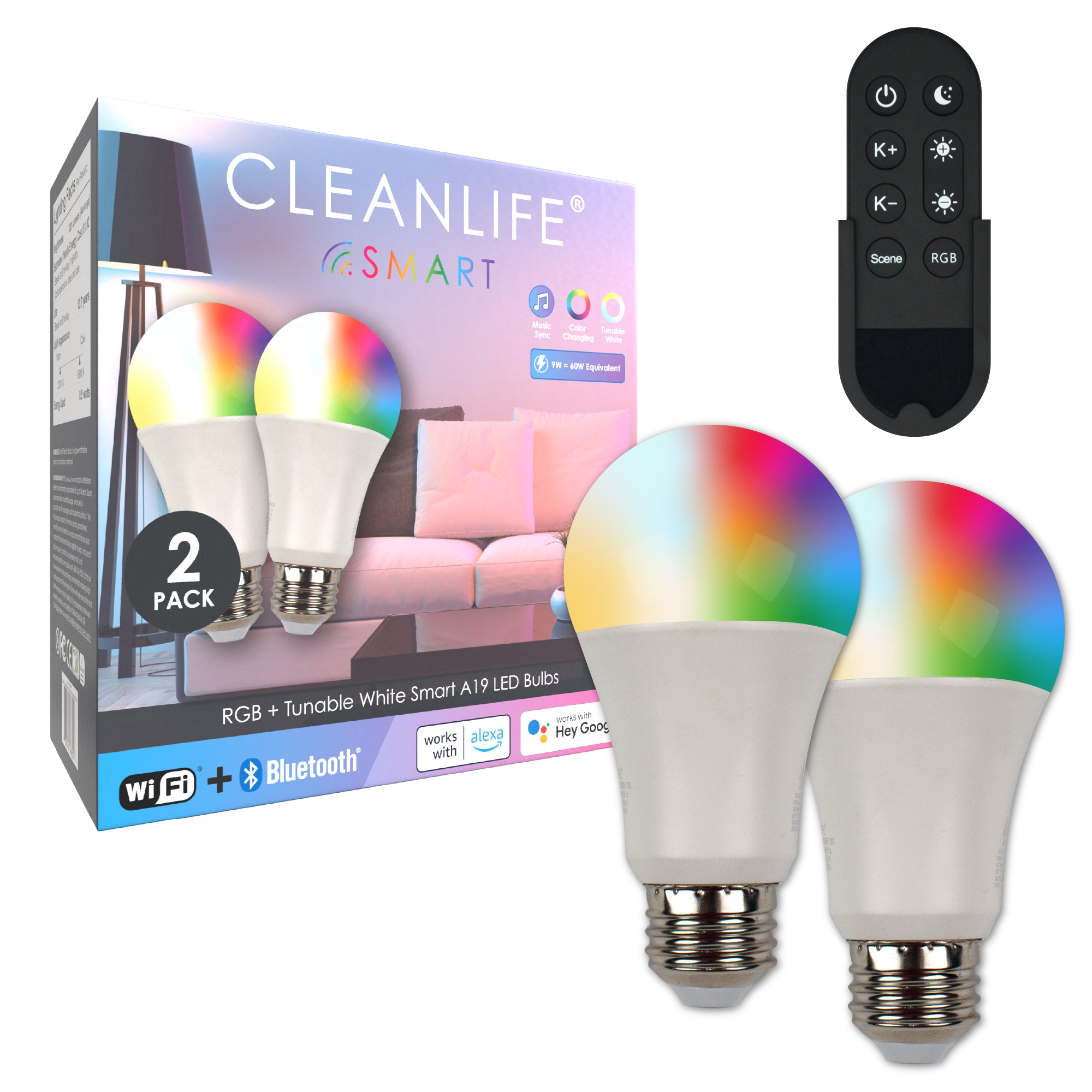 CLEANLIFE® Smart A19 LED Light Bulbs 2-Pack with Smart Remote Control Bundle