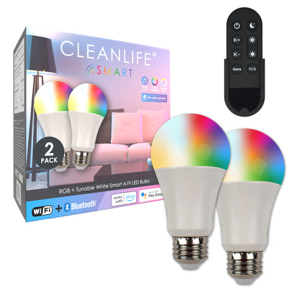 CLEANLIFE® Smart A19 LED Light Bulbs 2-Pack with Smart Remote Control Bundle