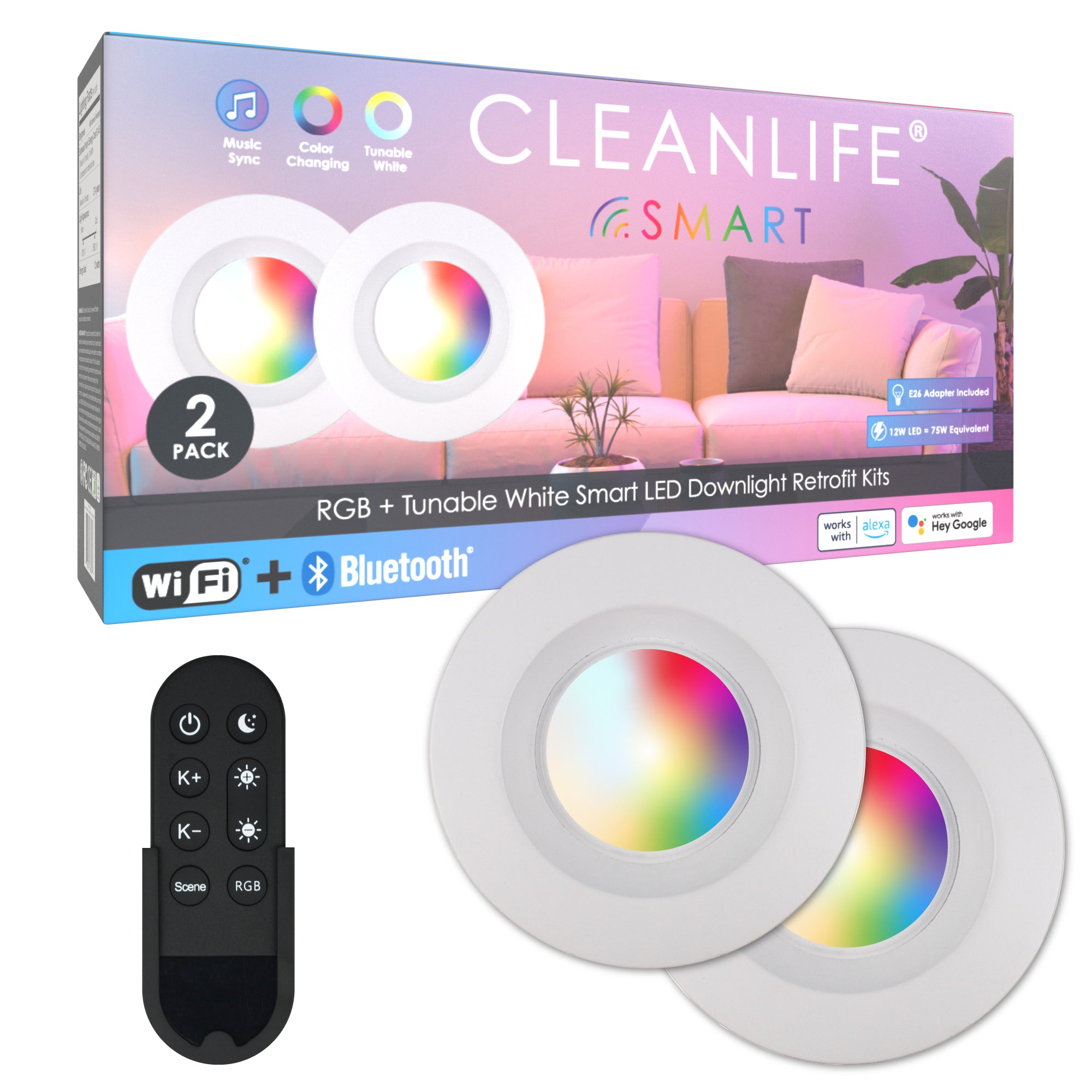 CLEANLIFE® Smart LED Downlights 2-Pack with Smart Remote Control Bundle